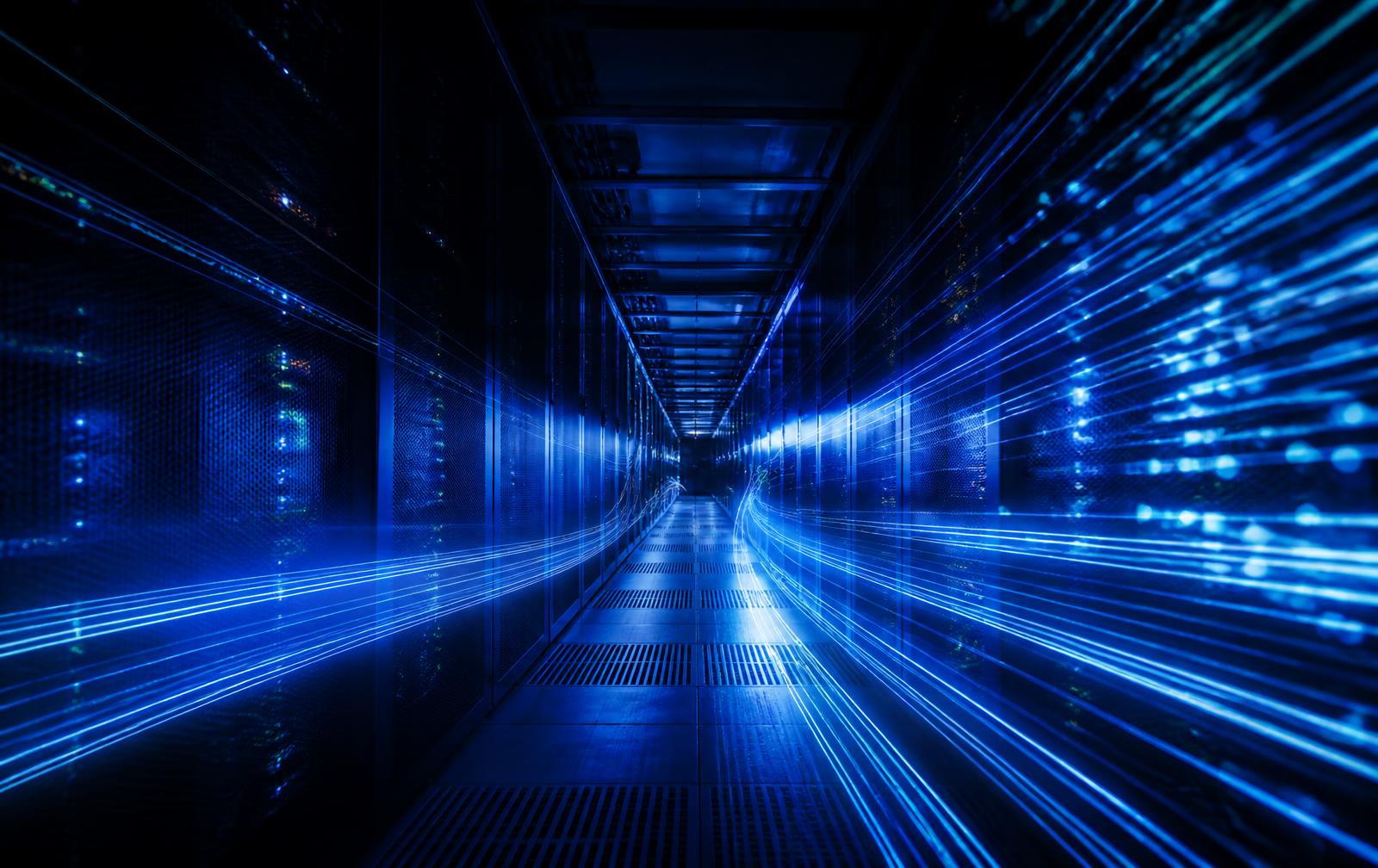 Illustrative image: an enterprise server room lit by long light trails.