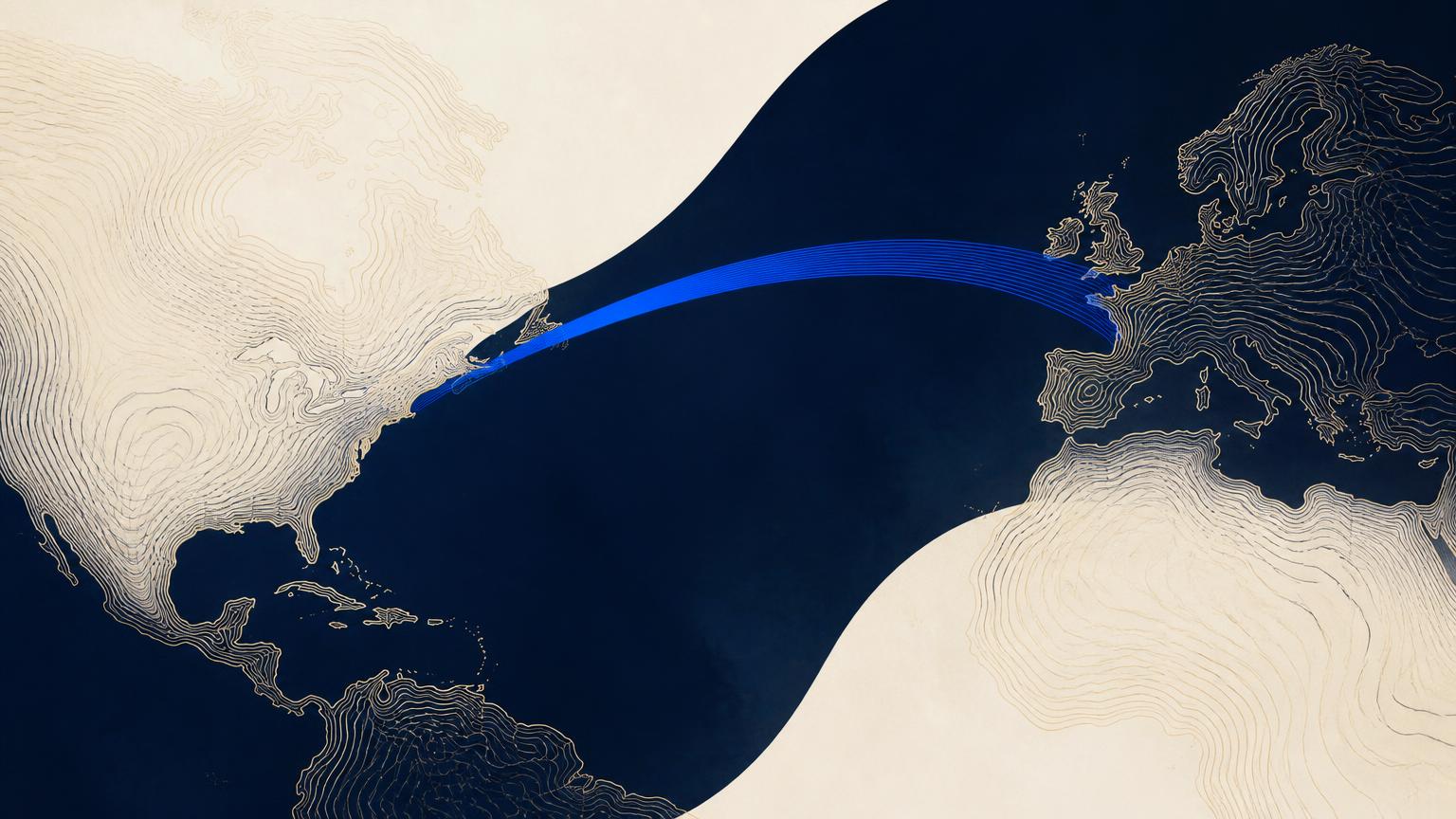 Carte en courbes de niveau de deux continents reliés par un arc cobalt au-dessus d'un océan bleu nuit.