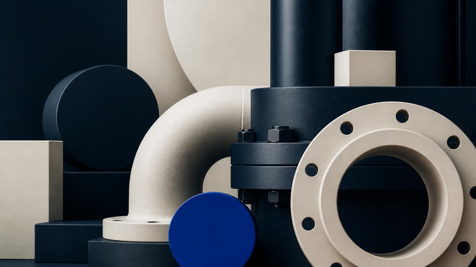Formes industrielles usinées en bleu nuit et ivoire, avec un unique disque cobalt.