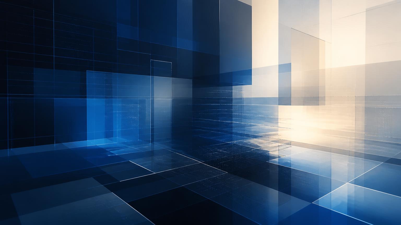 Plans translucides superposés en bleu nuit et cobalt s'ouvrant sur une lumière ivoire.